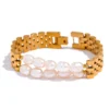 JINYOU 2378 Luxo Pérolas Naturais Cadeia Cubana Pulseira de Aço Inoxidável 316L Alta Qualidade Mulheres Cor do Ouro Jóias Premium